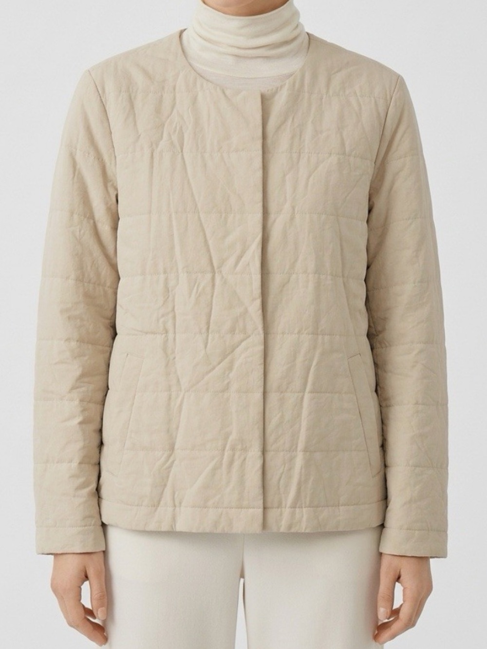 Eileen Fisher Silk Quilted Fuji Collarless Jacket in Bone S
